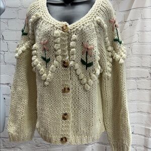 Chicwish Ivory Floral Button-Up Pom Pom Cardigan